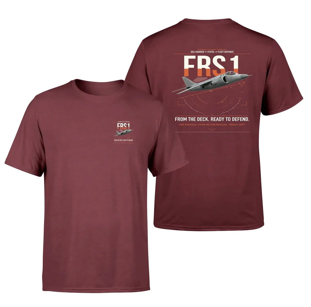 British Aerospace Sea Harrier FRS.1 design on dark red t-shirt, double-side print