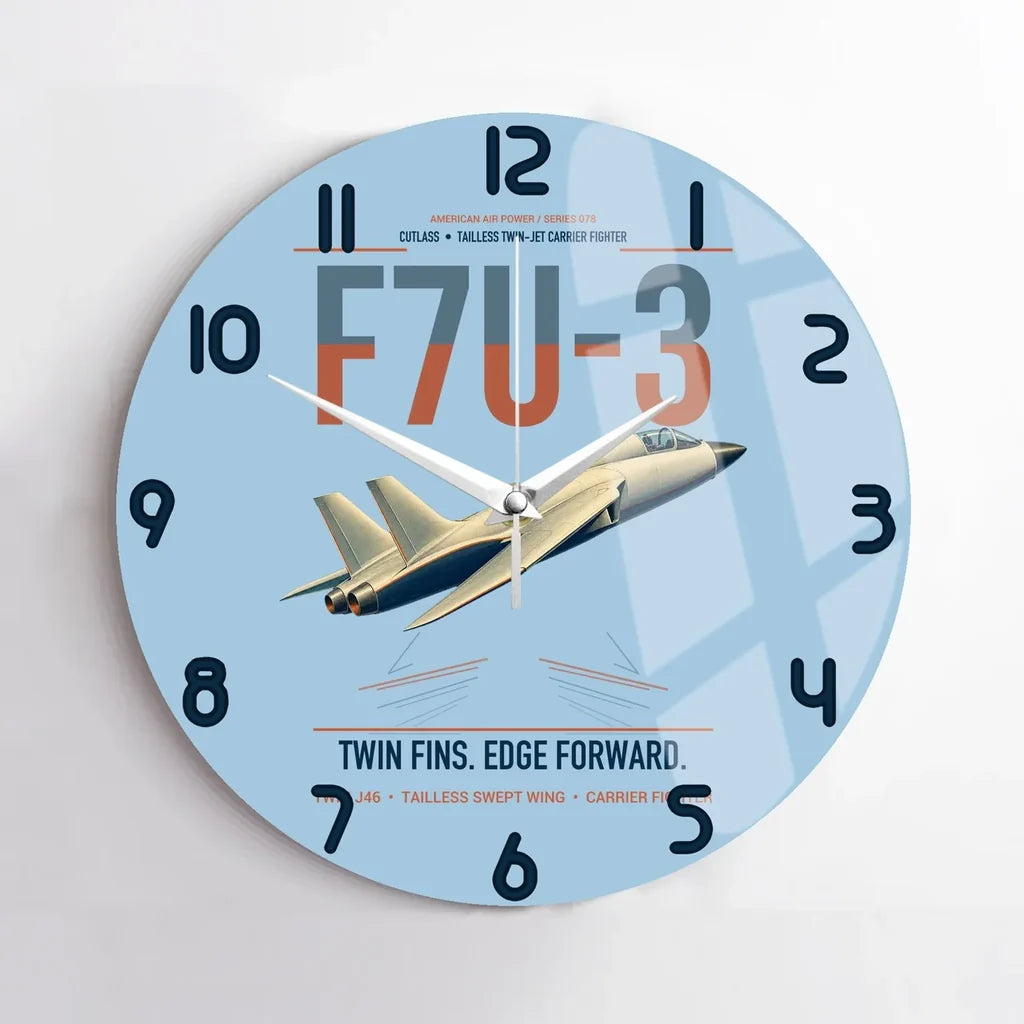 F7U-3 Cutlass design on light blue no frame wall clock
