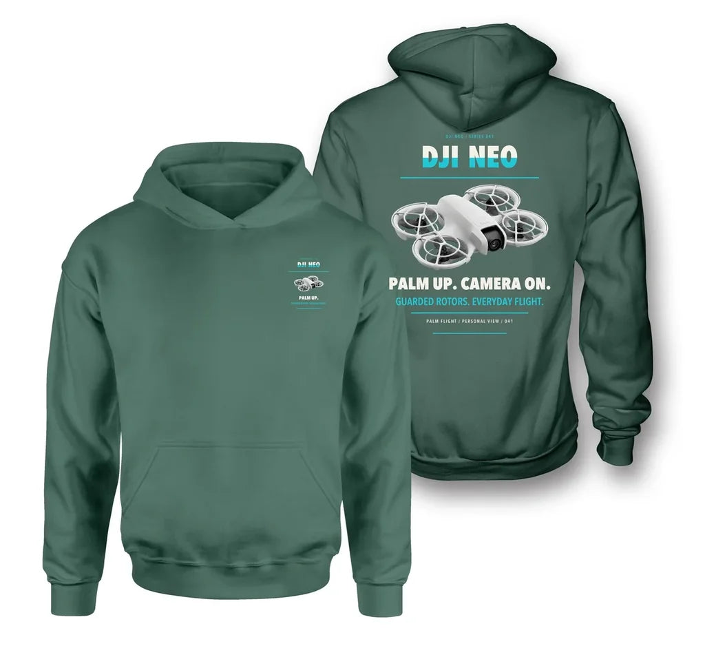 DJI Neo design on green hoodie