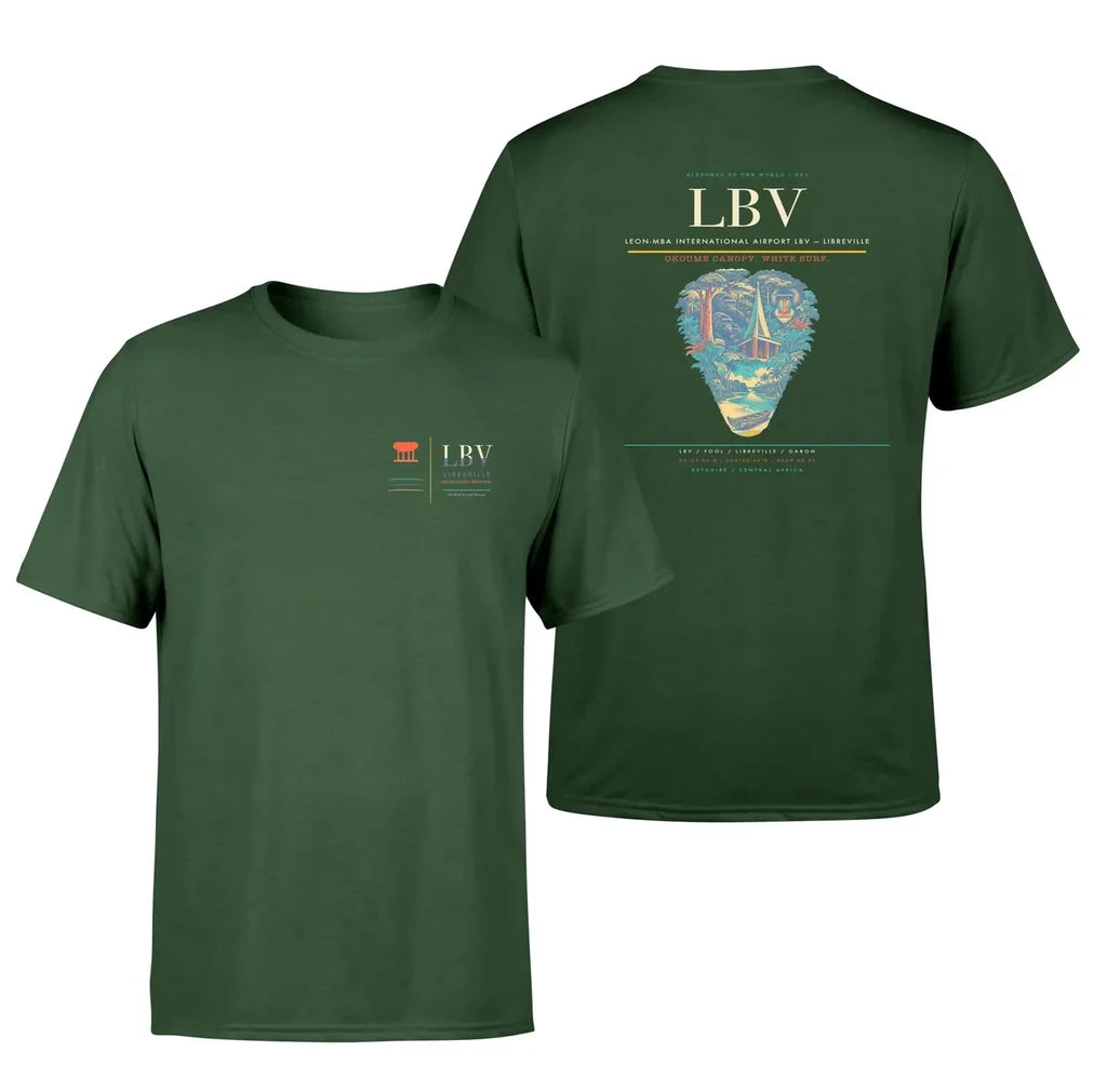 Leon-Mba International Airport (LBV) design printed on dark green double-side t-shirt