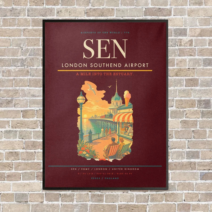 London Southend Airport SEN vertical canvas print - framed - dark red background