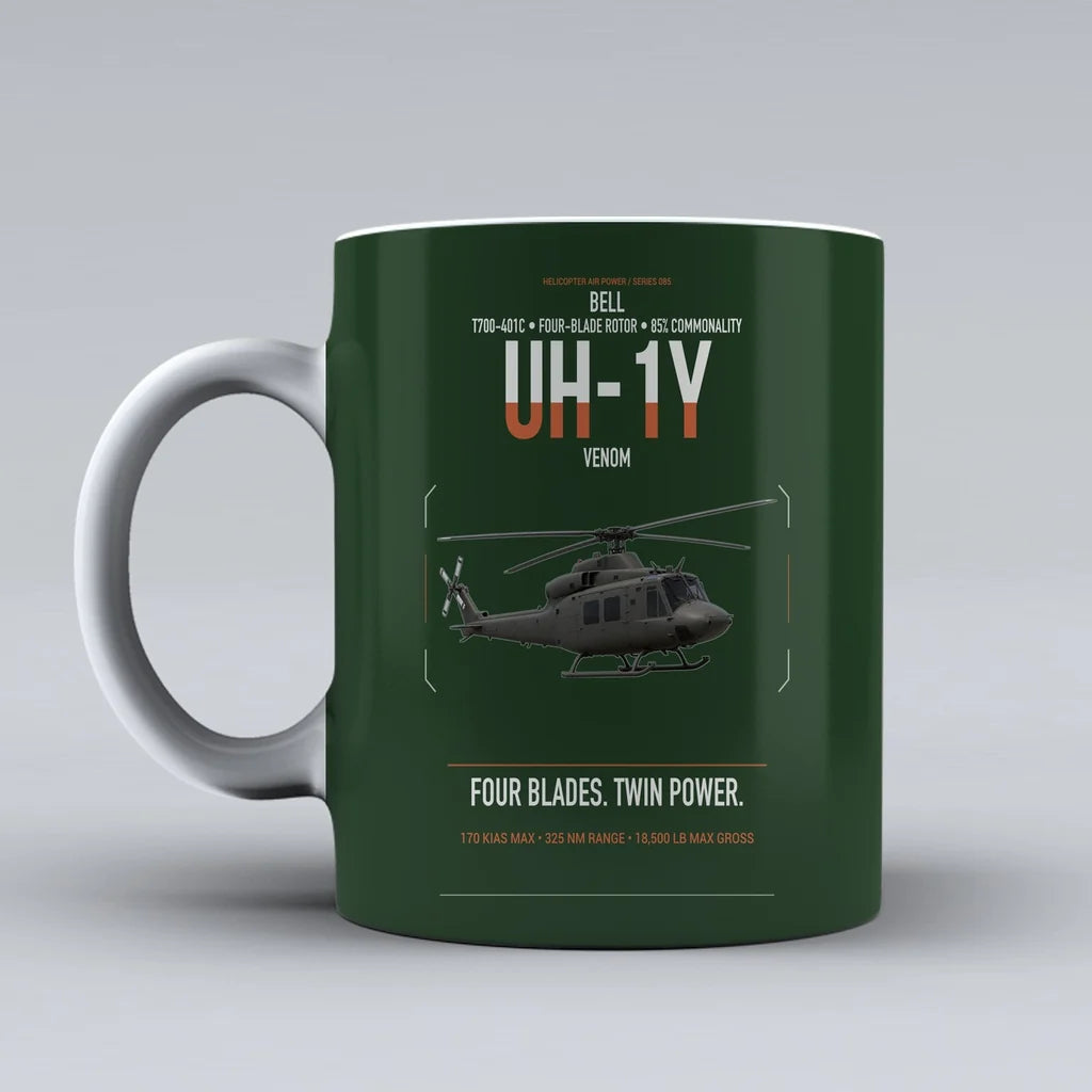Bell UH-1Y Venom design on dark green ceramic mug, double-side print