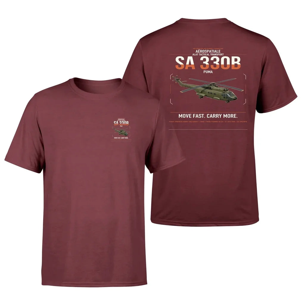 Aérospatiale SA 330B Puma design on dark red t-shirt, double-side print