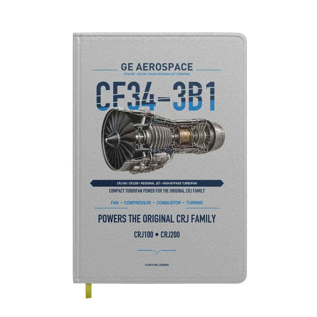 CF34-3B1 design on light gray notebook