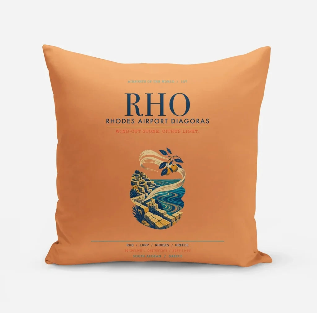 Rhodes Airport Diagoras (RHO) design on orange pillow