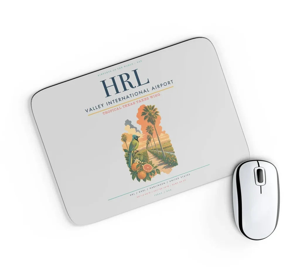 Valley International Airport (HRL) design on light gray rectangle mouse pad