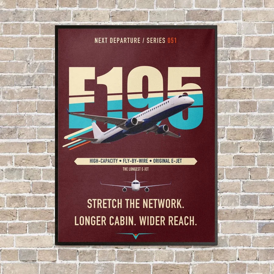 Embraer E195 vertical canvas print - framed - dark red background