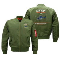 Thumbnail for MD Helicopters MD 902 Explorer design on green bomber jacket, double-side print