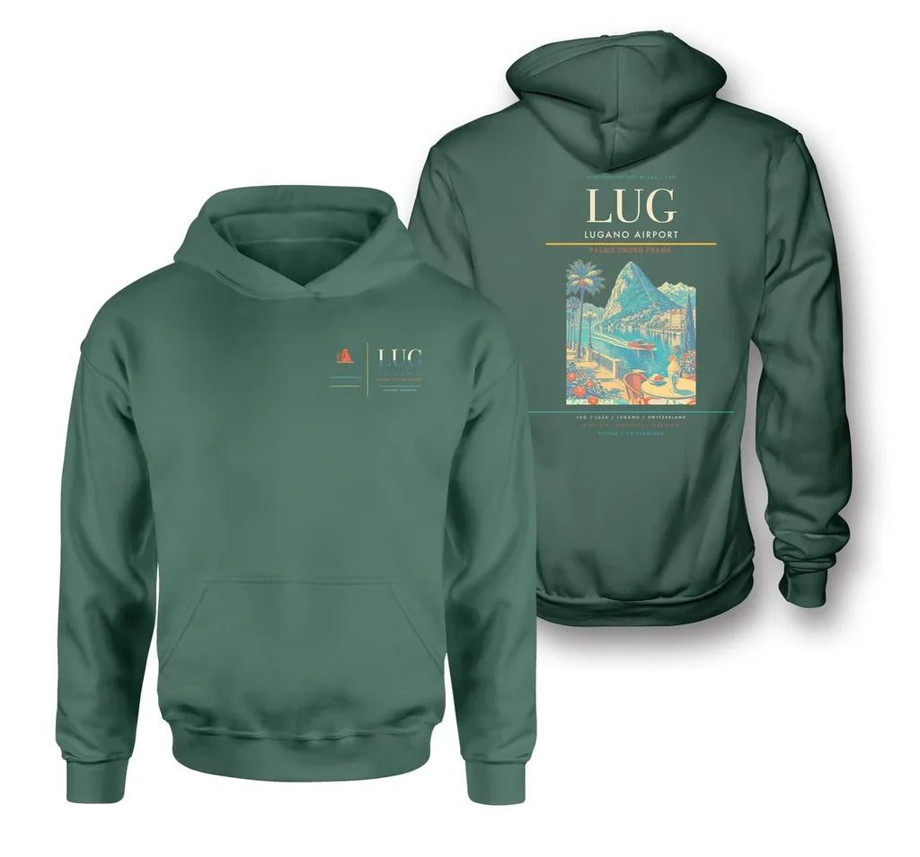 Lugano Airport (LUG) design on green double-side hoodie