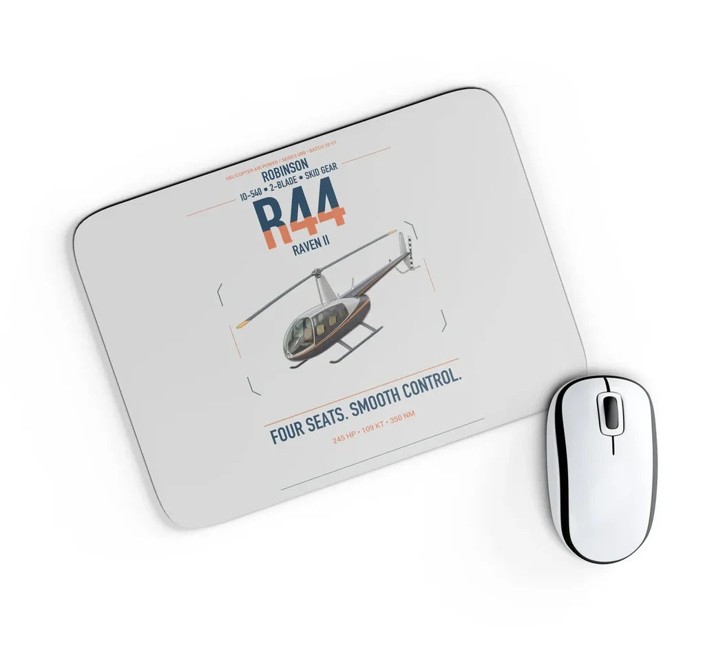 Robinson R44 Raven II design on light gray rectangle mouse pad