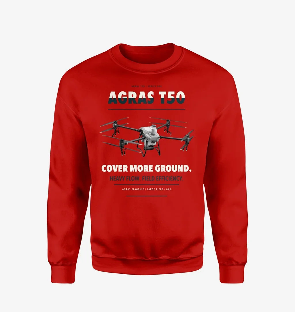 DJI Agras T50 design on red sweatshirt