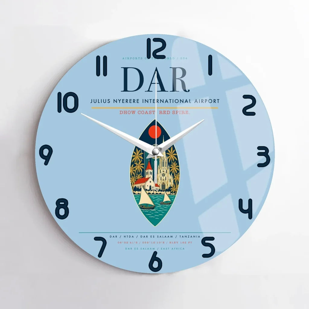 Julius Nyerere International Airport (DAR) design on light blue no frame wall clock