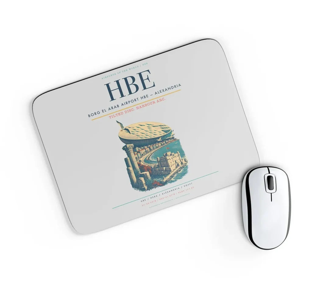 Borg El Arab Airport (HBE) design on light gray rectangle mouse pad