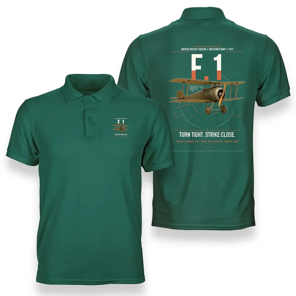 Sopwith Camel F.1 design on green double-side polo t-shirt, double-side print
