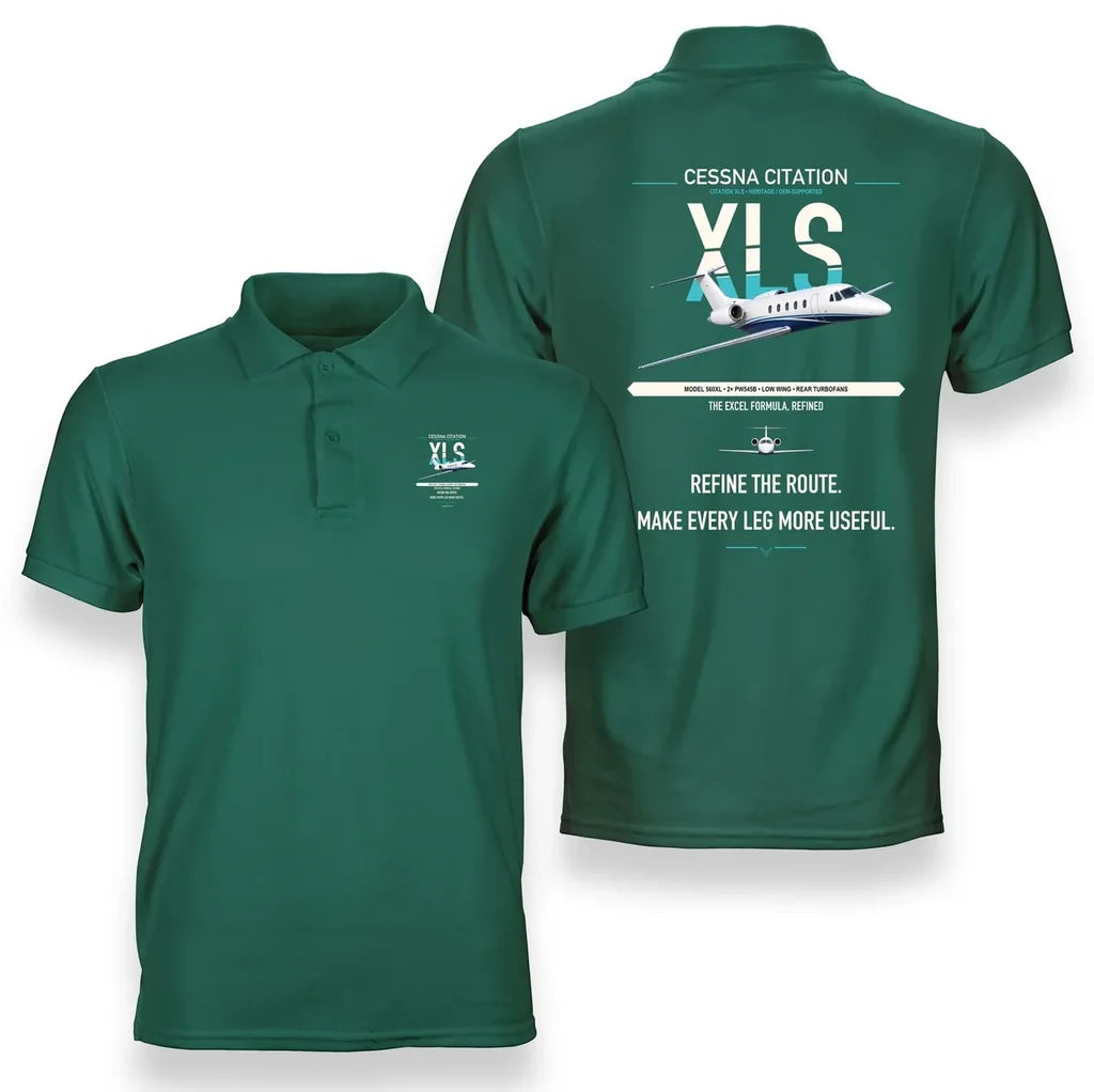 Cessna Citation XLS design on green double-side polo t-shirt, double-side print