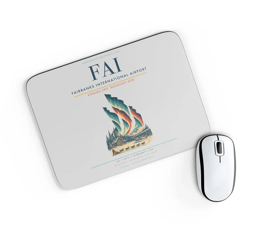 Fairbanks International Airport (FAI) design on light gray rectangle mouse pad