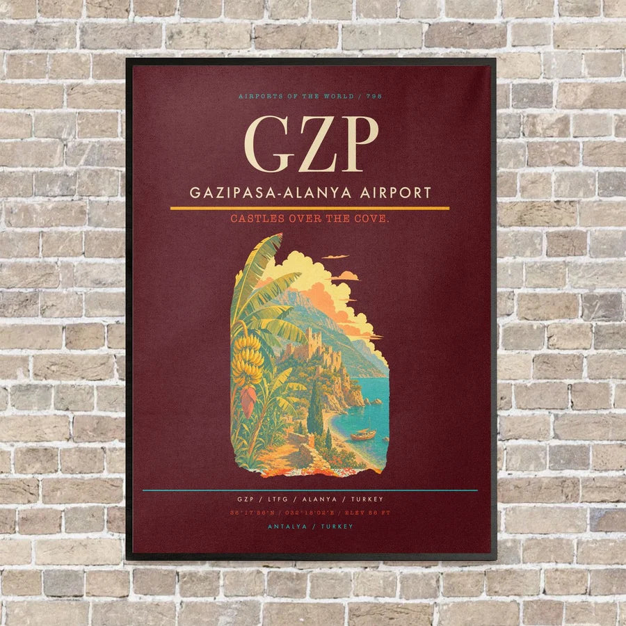 Gazipasa-Alanya Airport GZP vertical canvas print - framed - dark red background