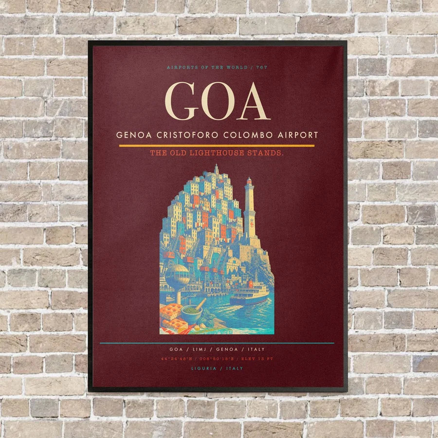 Genoa Cristoforo Colombo Airport GOA vertical canvas print - framed - dark red background