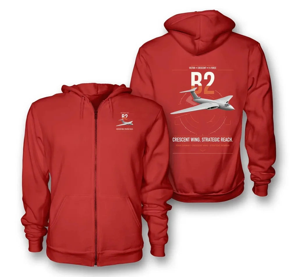 Handley Page Victor B2 design on red premium zipped hoodie, double-side print