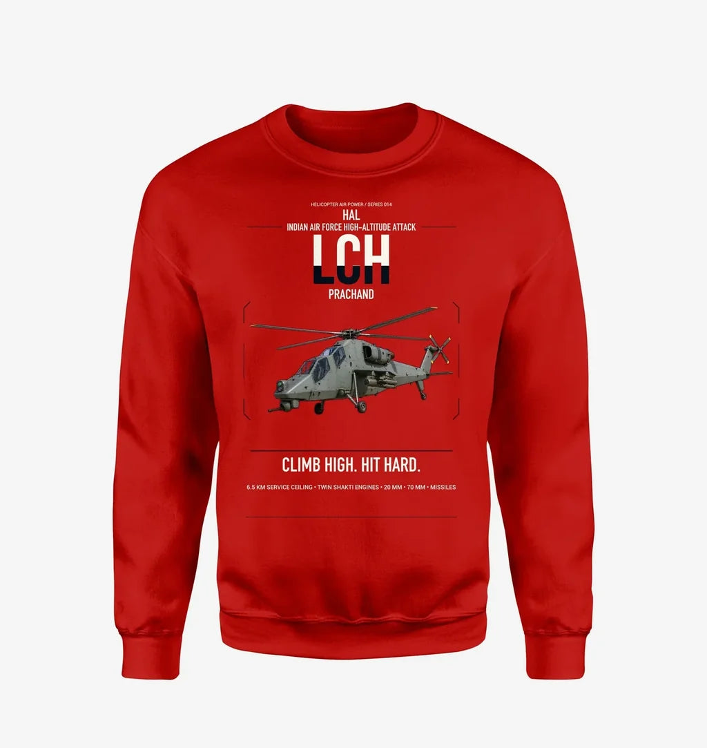 HAL LCH Prachand design on red sweatshirt