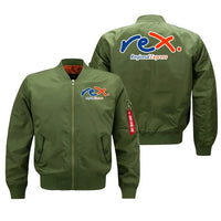 Thumbnail for Rex Airlines aviation design embroidered on green bomber jacket