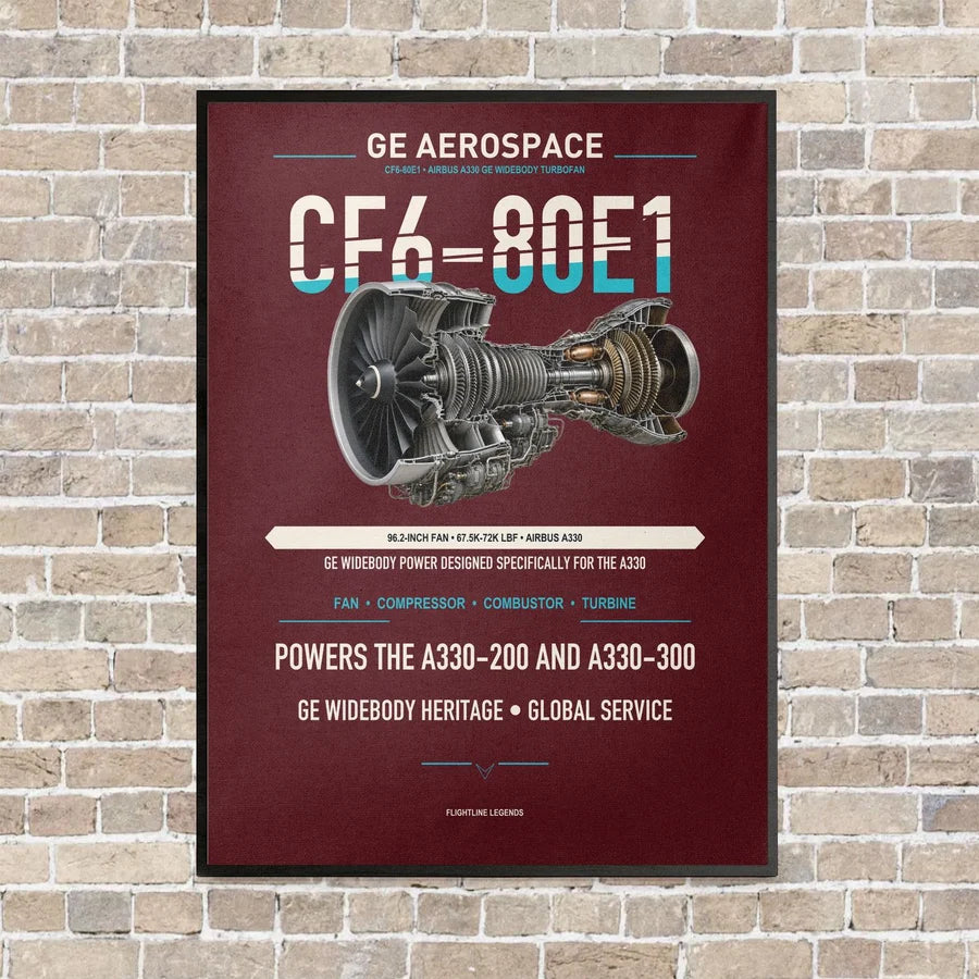 CF6-80E1 vertical canvas print - framed - dark red background