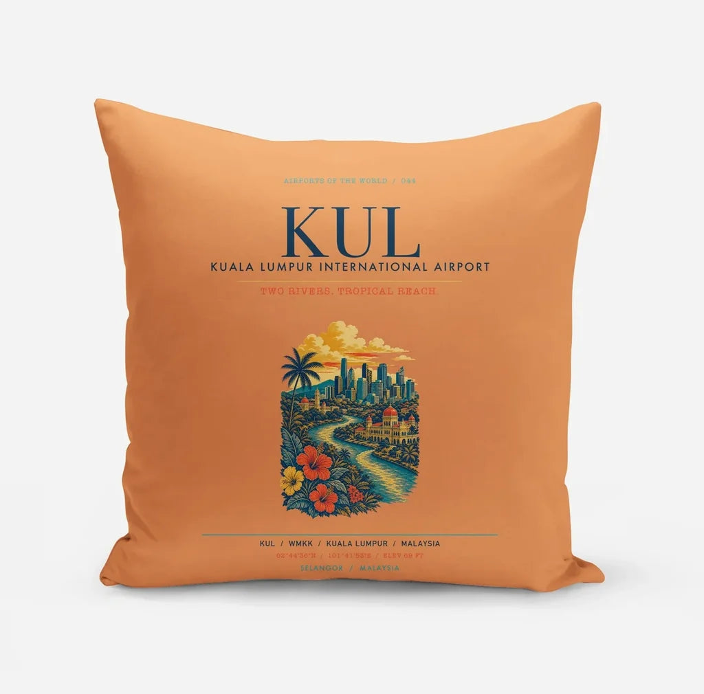 Kuala Lumpur International Airport (KUL) design on orange pillow