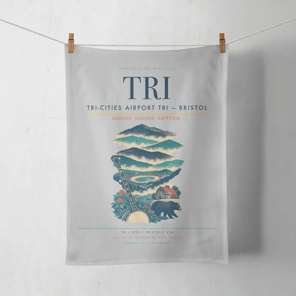 Tri-Cities Airport (TRI) design on light gray towel
