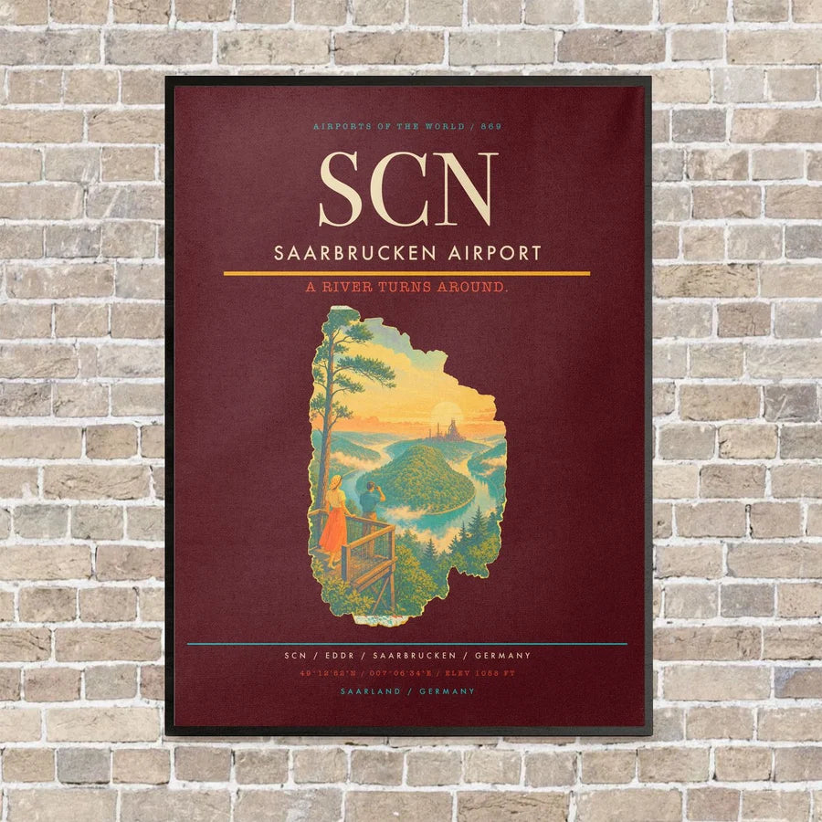 Saarbrucken Airport SCN vertical canvas print - framed - dark red background