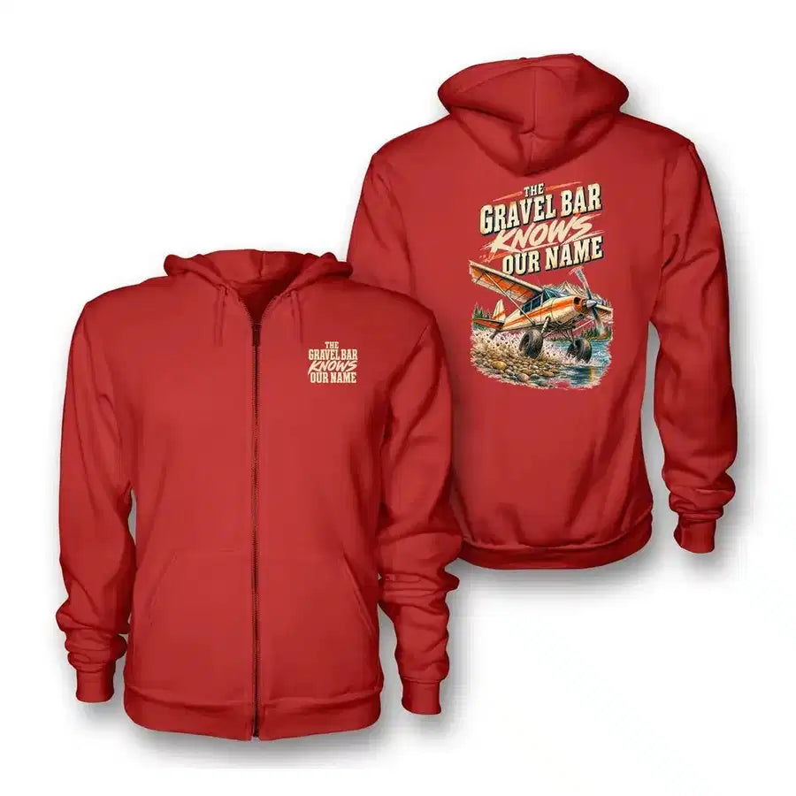 SIGNAL 662 - The Gravel Bar Knows Our Name - Zipped Hoodie design on red zipped hoodie