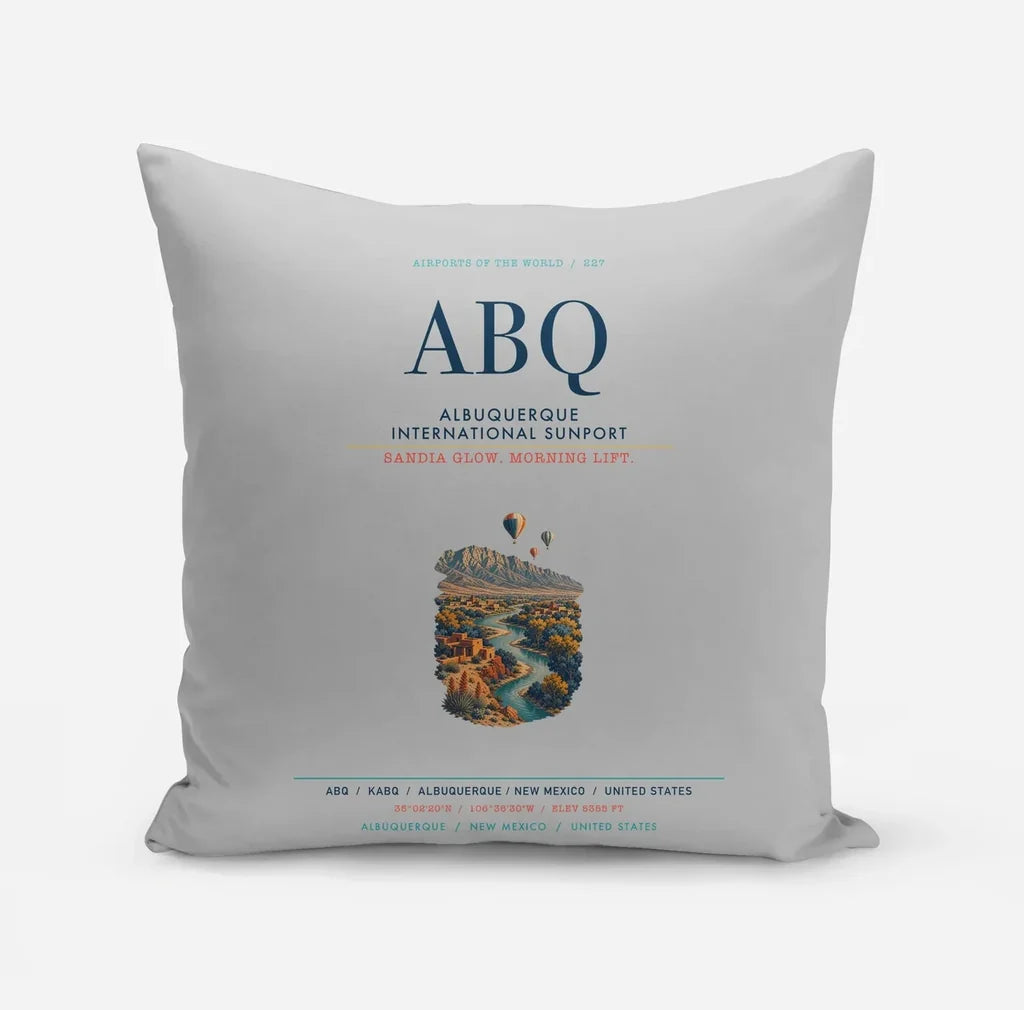 Albuquerque International Sunport (ABQ) design on light gray pillow