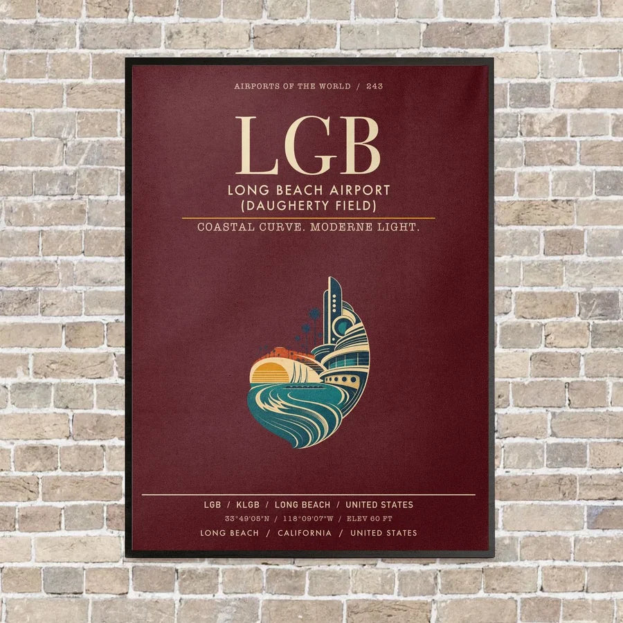 Long Beach Airport (Daugherty Field) LGB vertical canvas print - framed - dark red background
