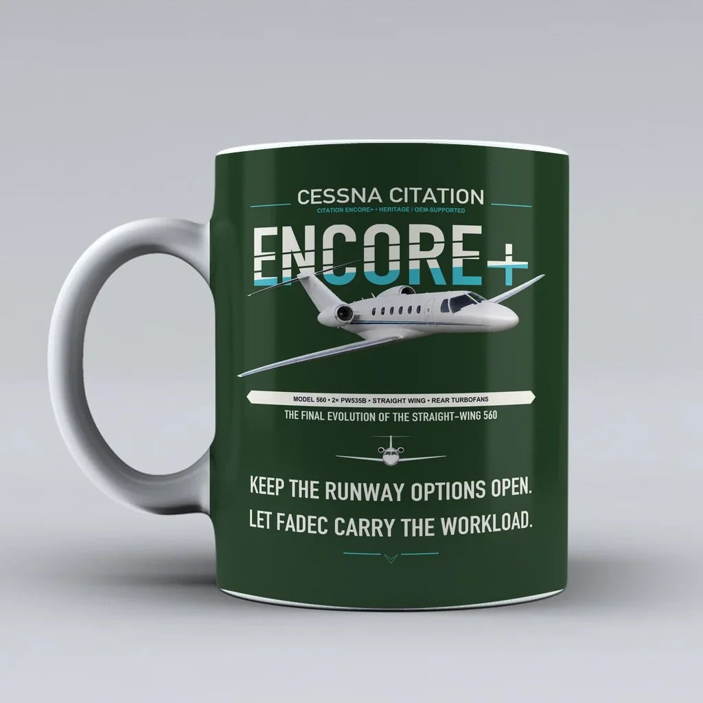 Cessna Citation Encore+ design on dark green ceramic mug, double-side print
