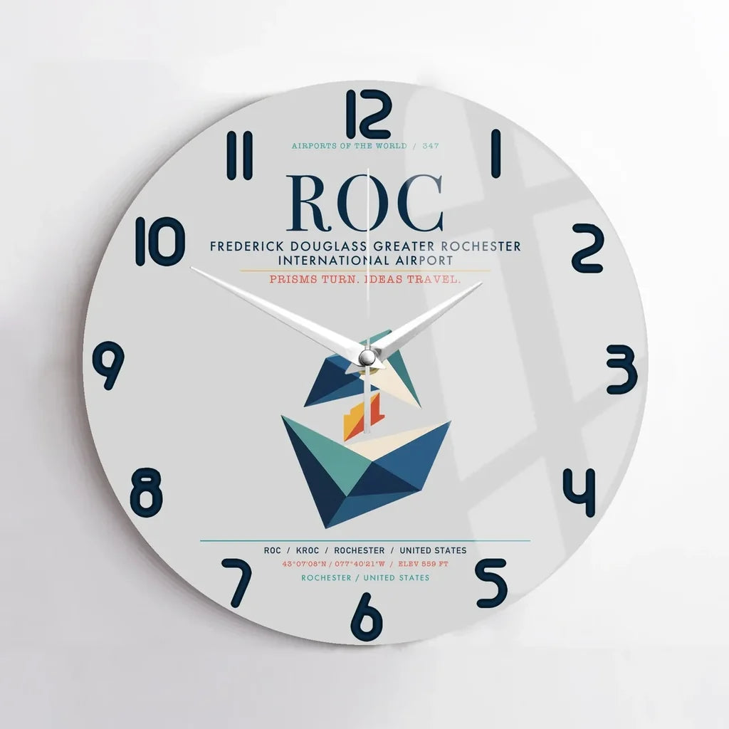 Frederick Douglass Greater Rochester International Airport (ROC) design on light gray no frame wall clock