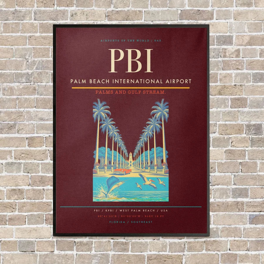 Palm Beach International Airport PBI vertical canvas print - framed - dark red background