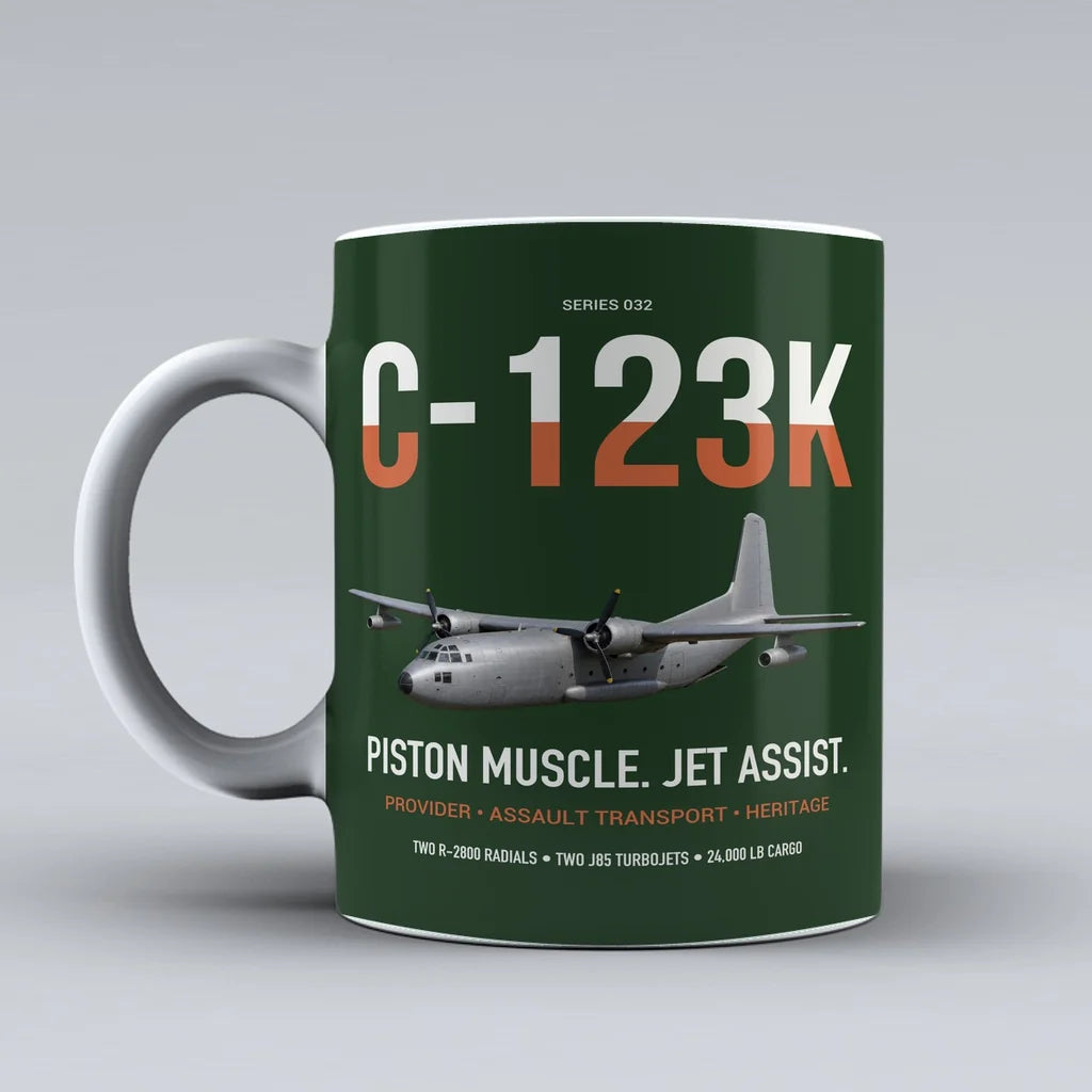 C-123K Provider design on dark green ceramic mug, double-side print