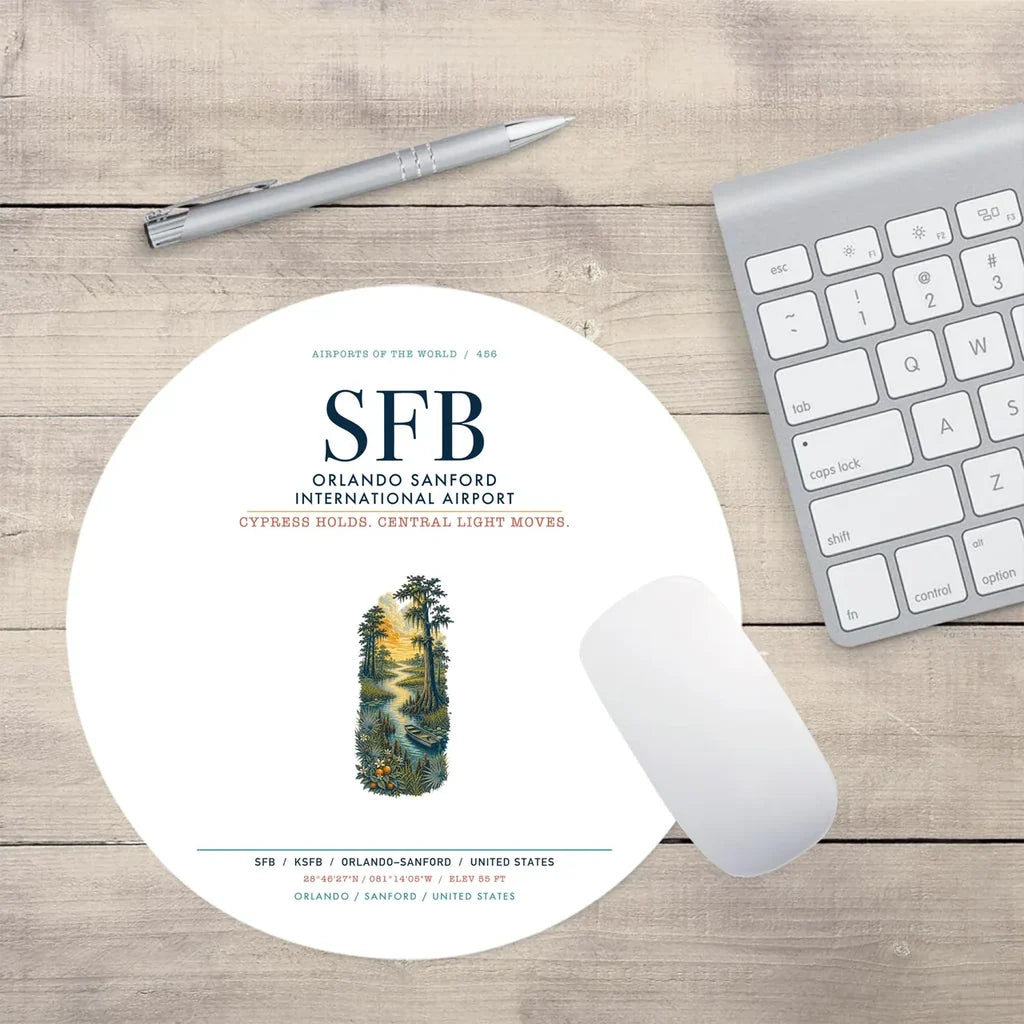 Orlando Sanford International Airport (SFB) design on white round mouse pad