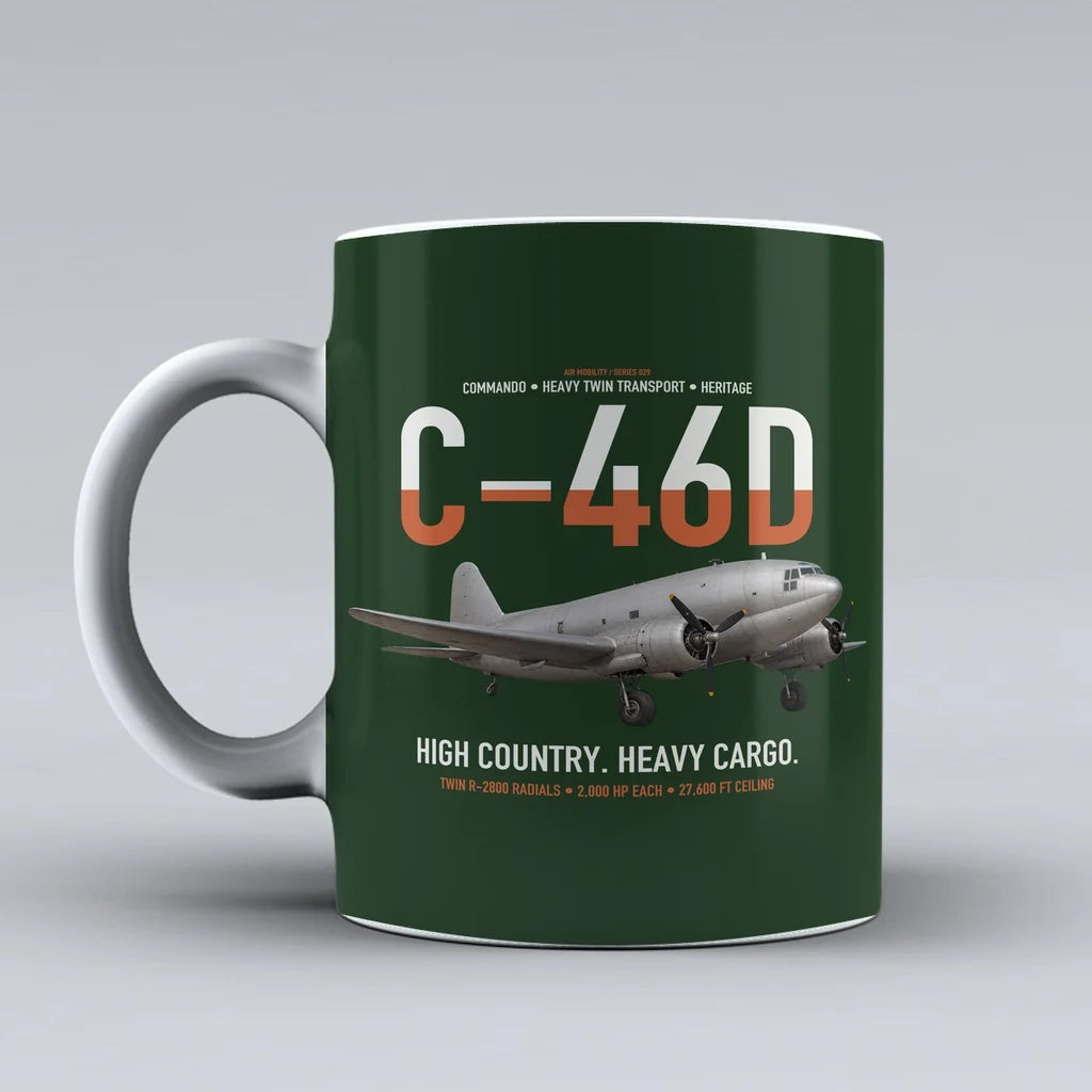 C-46D Commando design on dark green ceramic mug, double-side print