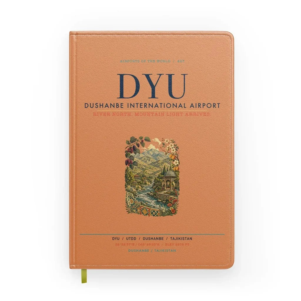 Dushanbe International Airport (DYU) design on orange notebook