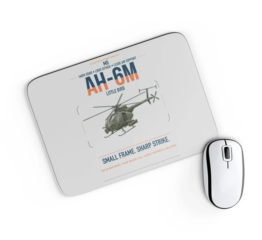 MD AH-6M Little Bird design on light gray rectangle mouse pad
