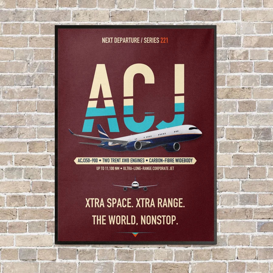 Airbus ACJ350 / exact ACJ350-900 vertical canvas print - framed - dark red background