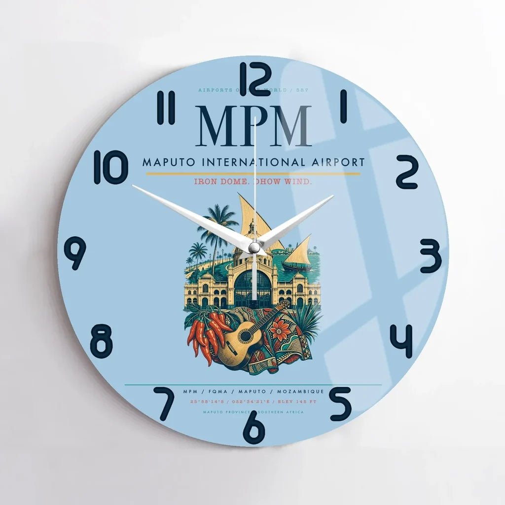 Maputo International Airport (MPM) design on light blue no frame wall clock