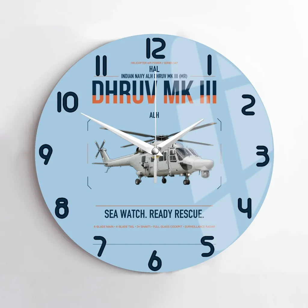 HAL ALH Dhruv Mk III design on light blue no frame wall clock