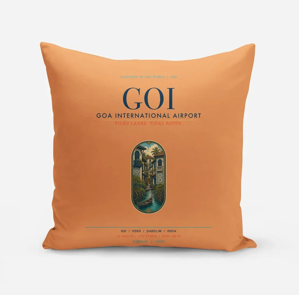 Goa International Airport Dabolim (GOI) design on orange pillow
