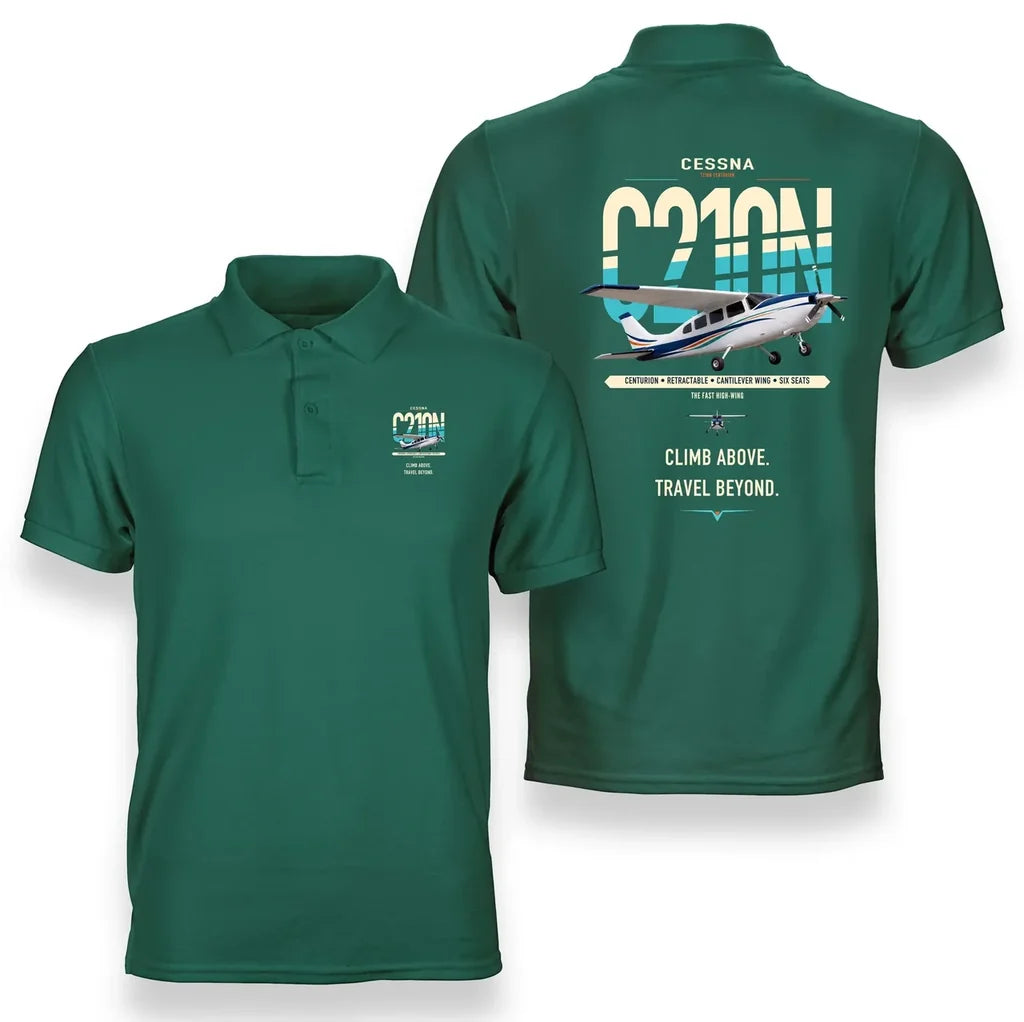 Cessna T210N Centurion design on green double-side polo t-shirt, double-side print