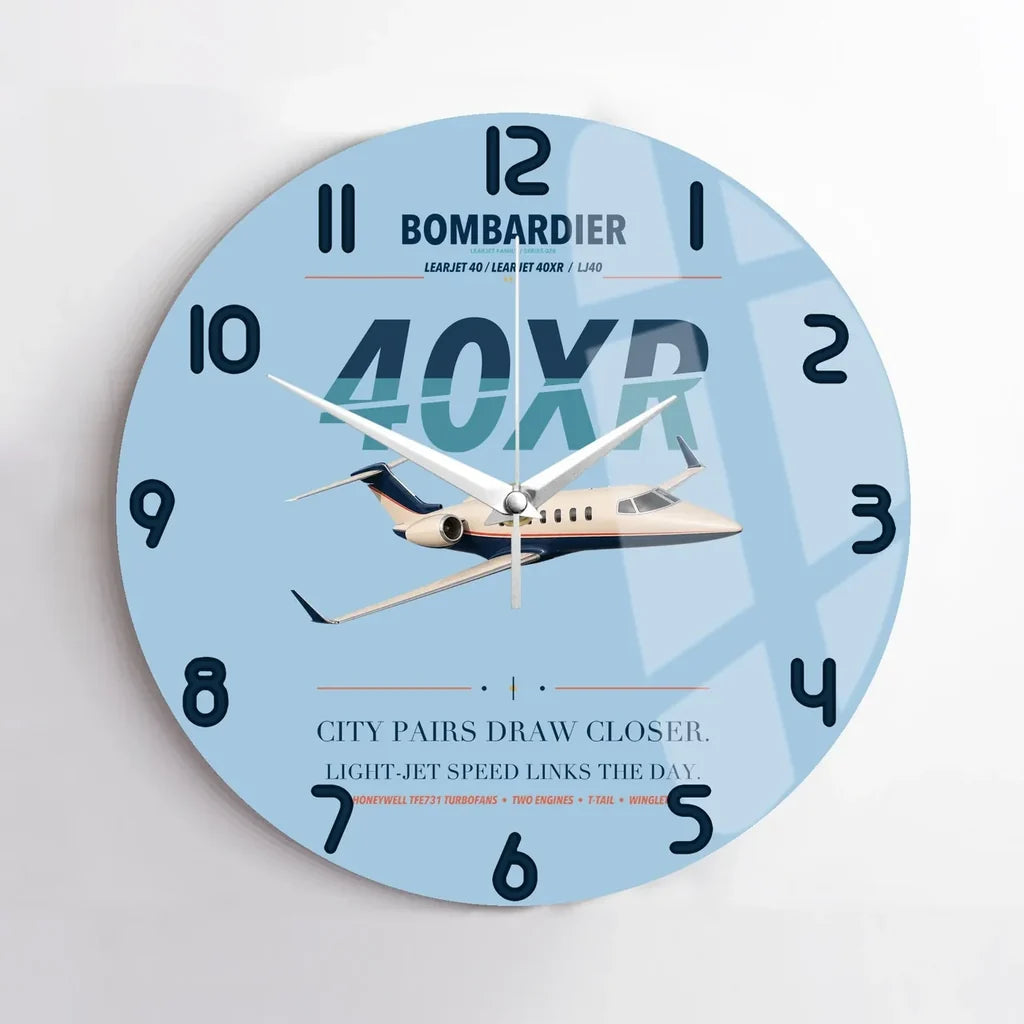 Bombardier Learjet 40XR design on light blue no frame wall clock