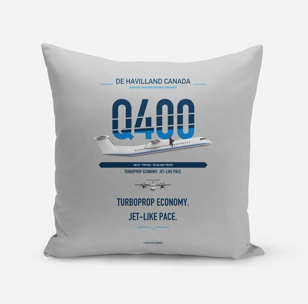 De Havilland Dash 8-400 design on light gray pillow