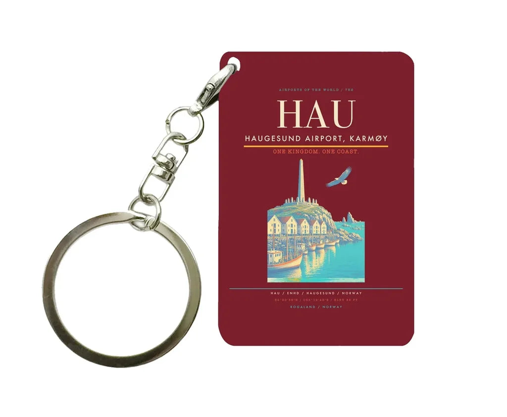 Haugesund Airport, Karmøy (HAU) design on dark red key chain