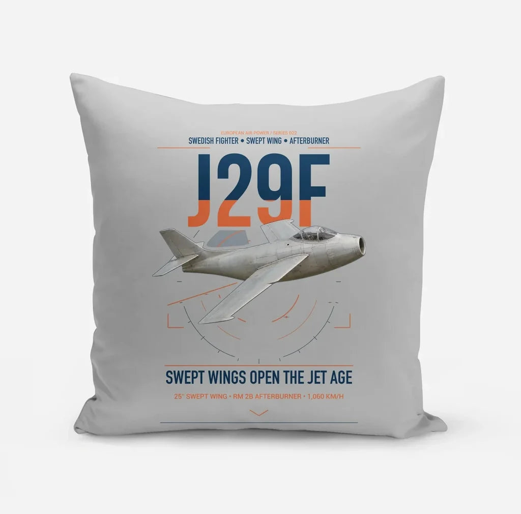 Saab J 29F Tunnan design on light gray pillow