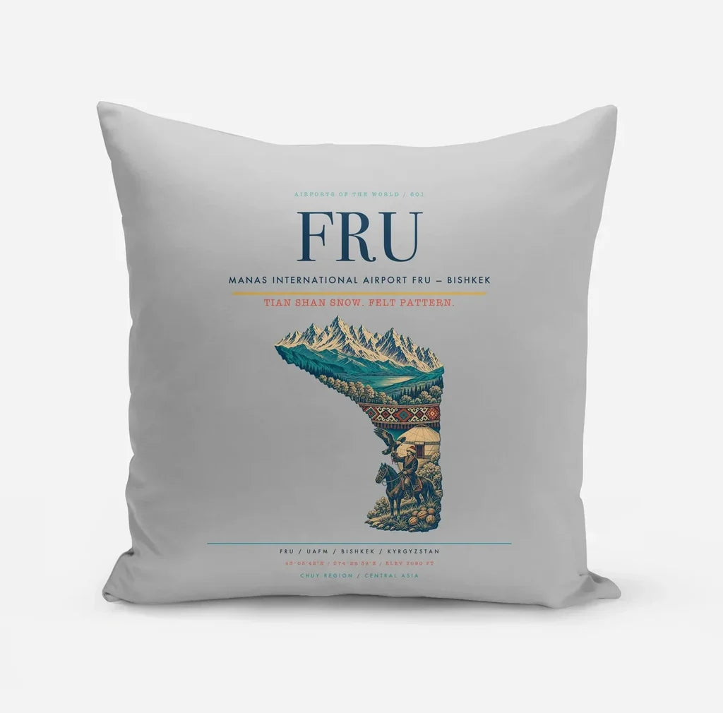 Manas International Airport (FRU) design on light gray pillow